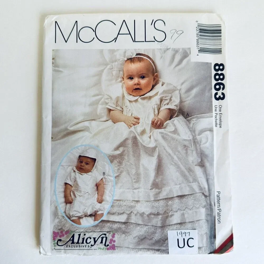 HEIRLOOM Christening Baptismal Gown McCall's Pattern 8863 Romper Bonnet UNCUT
